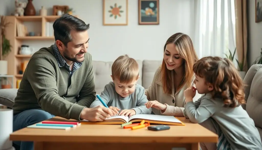 Rodzina z dzieckiem z niepełnosprawnością intelektualną podczas zajęć edukacyjnych w domu