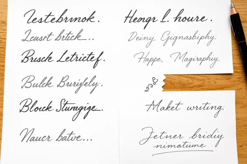 Różne style kaligraficzne do podpisywania zeszytów szkolnych