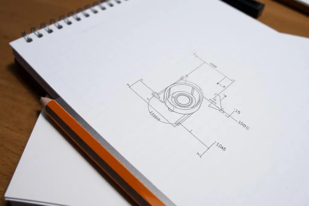 Rysunek techniczny wykonany w zeszycie w kratkę na lekcji techniki