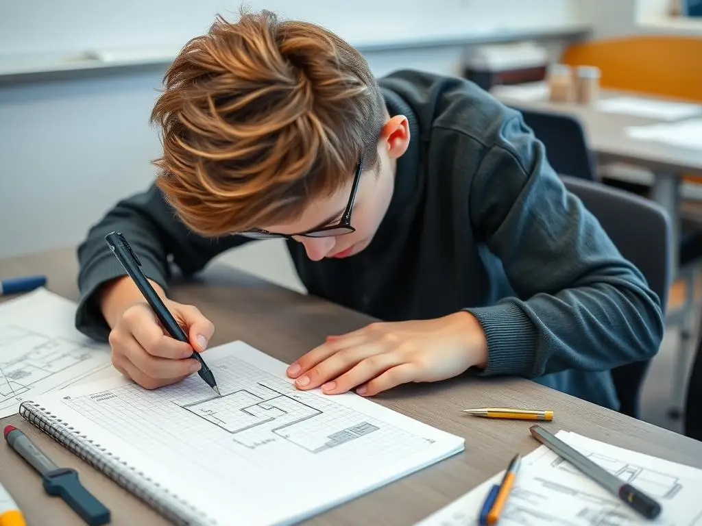 Uczeń korzystający z zeszytu w kratkę podczas lekcji techniki