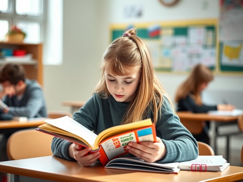 Uczeń w systemie oświaty - dziecko czytające podręcznik w klasie szkolnej