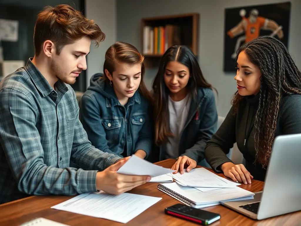 Uczniowie szkoły średniej konsultujący się z doradcą edukacyjnym