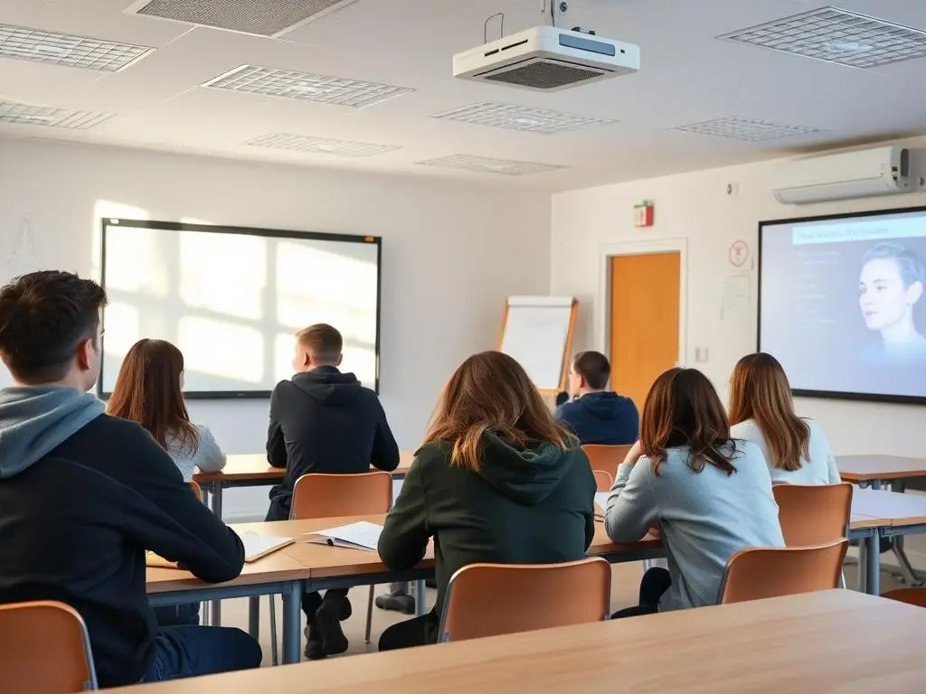 Uczniowie szkoły średniej podczas zajęć w nowoczesnej klasie