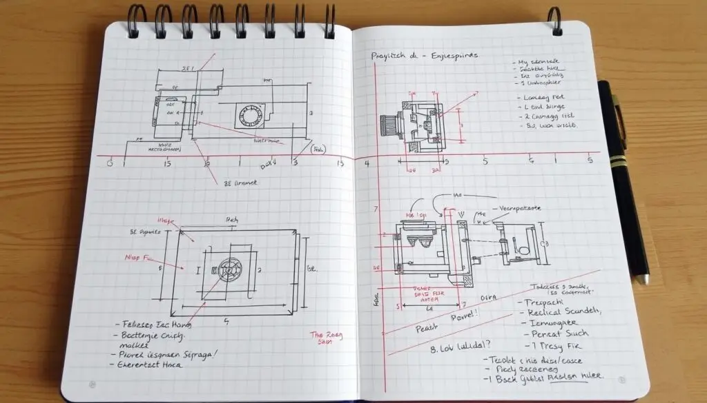 Zaawansowany projekt techniczny wykonany przez ucznia klasy 8 w zeszycie w kratkę