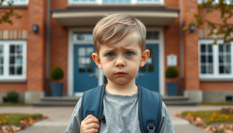 Zaniepokojone dziecko z plecakiem przed szkołą, ilustrujące problemy dziecka w szkole