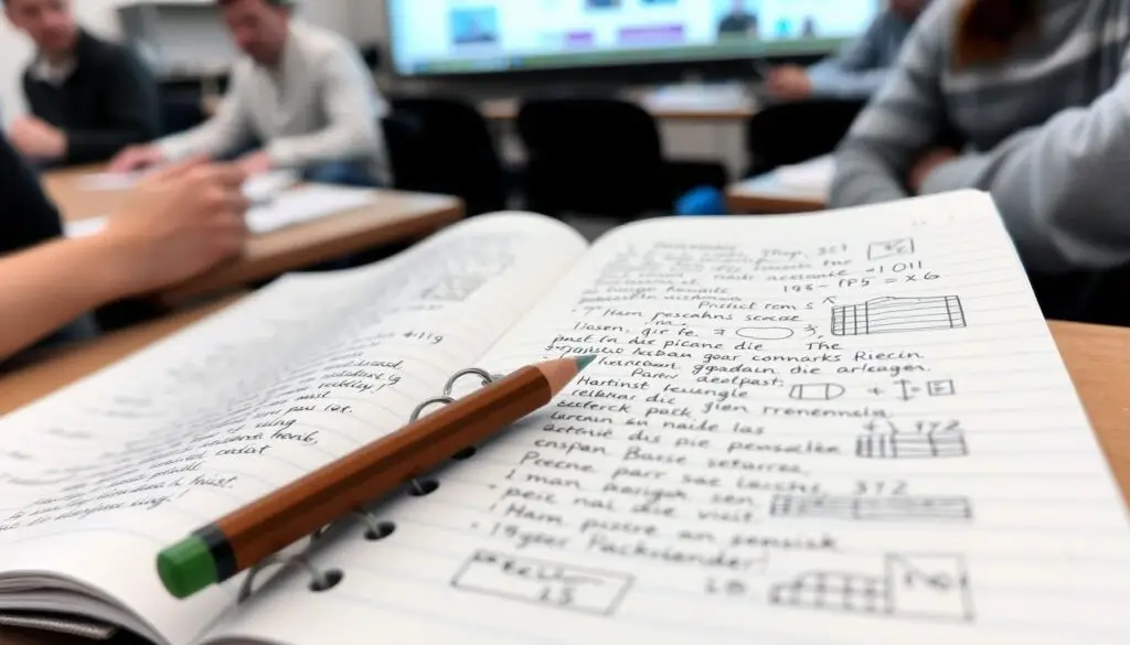 Zeszyt w linie używany na lekcji techniki z przykładowymi notatkami i schematami