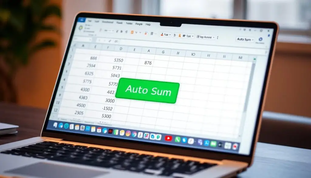 a spreadsheet software application displayed on a laptop computer, showcasing the "Auto Sum" feature in Microsoft Excel, with a clean and minimalist user interface. The spreadsheet contains a set of numeric values, and the "Auto Sum" button is highlighted, indicating the focus on this functionality. The overall scene is captured with a soft, warm lighting, creating a professional and productive atmosphere. The background is blurred, keeping the attention on the spreadsheet and the "Auto Sum" feature.