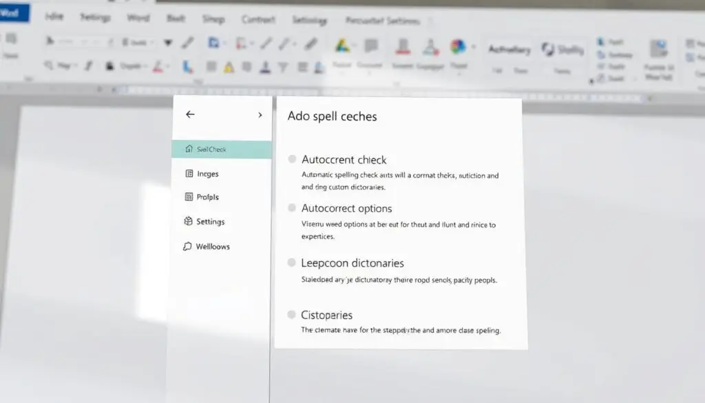 A bright, clean Microsoft Word interface with the spell check settings panel open, showcasing various options like "Automatic spelling check", "Autocorrect options", and "Custom dictionaries". The panel is positioned prominently in the foreground, with the Word document visible in the background, demonstrating the context of the spell check feature. The lighting is soft and natural, creating a professional, productivity-focused atmosphere. The camera angle is slightly elevated, providing a clear, unobstructed view of the settings panel and its contents. A bright, clean Microsoft Word interface with the spell check settings panel open, showcasing various options like "Automatic spelling check", "Autocorrect options", and "Custom dictionaries". The panel is positioned prominently in the foreground, with the Word document visible in the background, demonstrating the context of the spell check feature. The lighting is soft and natural, creating a professional, productivity-focused atmosphere. The camera angle is slightly elevated, providing a clear, unobstructed view of the settings panel and its contents.