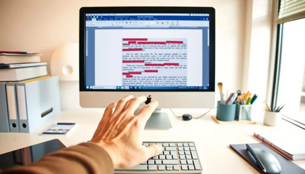A bright, clean office setting with a desk, computer, and neatly arranged office supplies. On the computer screen, an open Microsoft Word document with red underlined text, indicating spelling or grammar errors. A human hand hovers over the keyboard, ready to navigate the document and locate the settings to remove the red underlines. Soft, warm lighting illuminates the scene, creating a focused, productive atmosphere. The camera angle is slightly elevated, providing a clear view of the computer screen and the hand's movements. The overall mood is one of efficiency and problem-solving, conveying the process of addressing and resolving the issue of unwanted red underlines in a Word document. A bright, clean office setting with a desk, computer, and neatly arranged office supplies. On the computer screen, an open Microsoft Word document with red underlined text, indicating spelling or grammar errors. A human hand hovers over the keyboard, ready to navigate the document and locate the settings to remove the red underlines. Soft, warm lighting illuminates the scene, creating a focused, productive atmosphere. The camera angle is slightly elevated, providing a clear view of the computer screen and the hand's movements. The overall mood is one of efficiency and problem-solving, conveying the process of addressing and resolving the issue of unwanted red underlines in a Word document.