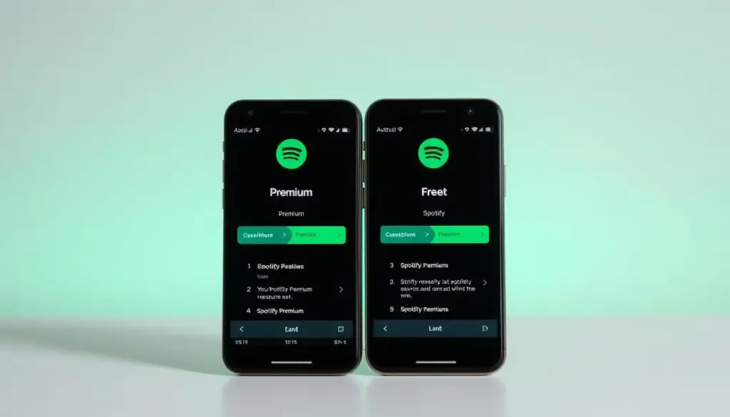 A clean, minimalist comparison of Spotify Premium and Free plans. In the foreground, two smartphone screens display the respective subscription options, with clear icons and text highlighting the key differences. The background is a soft, blurred gradient in Spotify's signature green and black tones, creating a serene, technology-focused atmosphere. Balanced lighting casts a subtle glow, emphasizing the sleek, modern design of the devices. The overall composition is elegant and informative, guiding the viewer's attention to the core features of each Spotify plan.