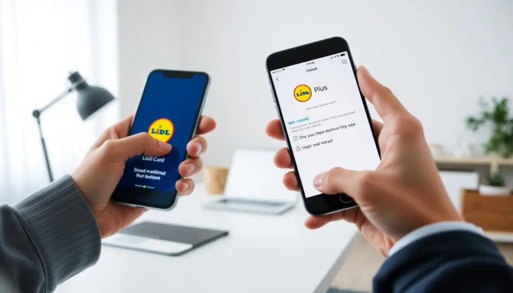 A clean, well-lit interior setting showcasing the step-by-step process of installing the Lidl Plus mobile application. In the foreground, a person's hands are holding a smartphone, carefully navigating through the app installation screens. The middle ground features a minimalist desk setup with a laptop and other office supplies, creating a professional, productivity-focused atmosphere. The background is softly blurred, emphasizing the focal point of the app installation process. The overall scene conveys a sense of ease and guidance, inviting the viewer to follow along with the intuitive installation experience.