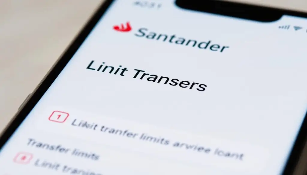 A close-up, high-resolution view of a modern, sleek mobile banking application interface, showcasing the "Limit Transfers" section for Santander Bank Polska. The screen displays a clean, minimalist design with a bright, calming color palette. The user interface features intuitive controls, clear labels, and helpful illustrations to guide the viewer through the process of adjusting their transfer limits. The overall composition emphasizes simplicity, usability, and a sense of financial security, reflecting the reliable and user-friendly nature of Santander's digital banking services.
