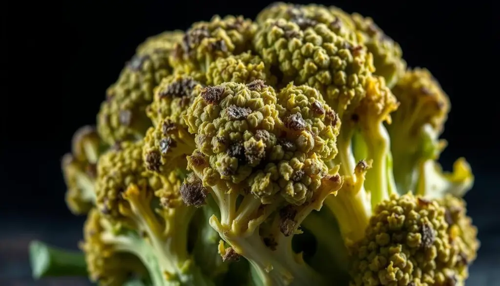A close-up shot of a decaying broccoli head, with visible signs of spoilage. The florets are discolored, turning a sickly yellow-green hue, and the stems are wilted and mushy. The texture appears slimy and shriveled, with spots of fuzzy mold growth. Lighting is harsh, casting deep shadows that accentuate the blemishes and deterioration. The background is blurred, placing the focus entirely on the unappetizing, deteriorating broccoli in the foreground. The overall mood is one of disgust and unappetizing decay, highlighting the visual cues that this broccoli is no longer fit for consumption.
