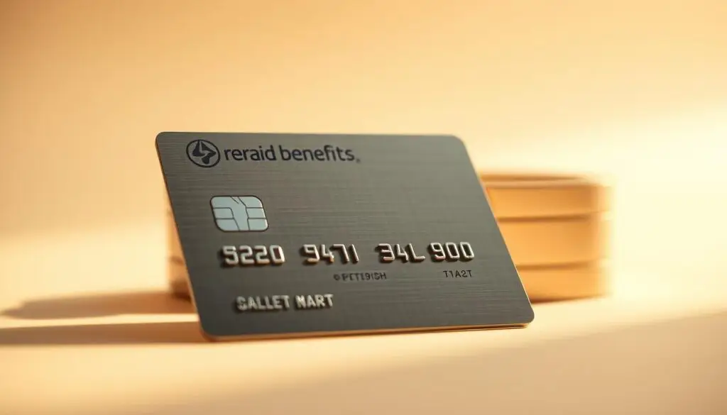 A close-up view of a prepaid benefits card, showcasing its sleek metallic design and minimalist aesthetic. The card is set against a soft, out-of-focus background, creating a sense of depth and emphasizing the card's central focus. The lighting is warm and directional, casting subtle shadows and highlights that accentuate the card's textured surface and contours. The composition is balanced, with the card positioned slightly off-center to create visual interest. The overall mood is one of sophistication and modern simplicity, reflecting the premium nature of the Edenred card.