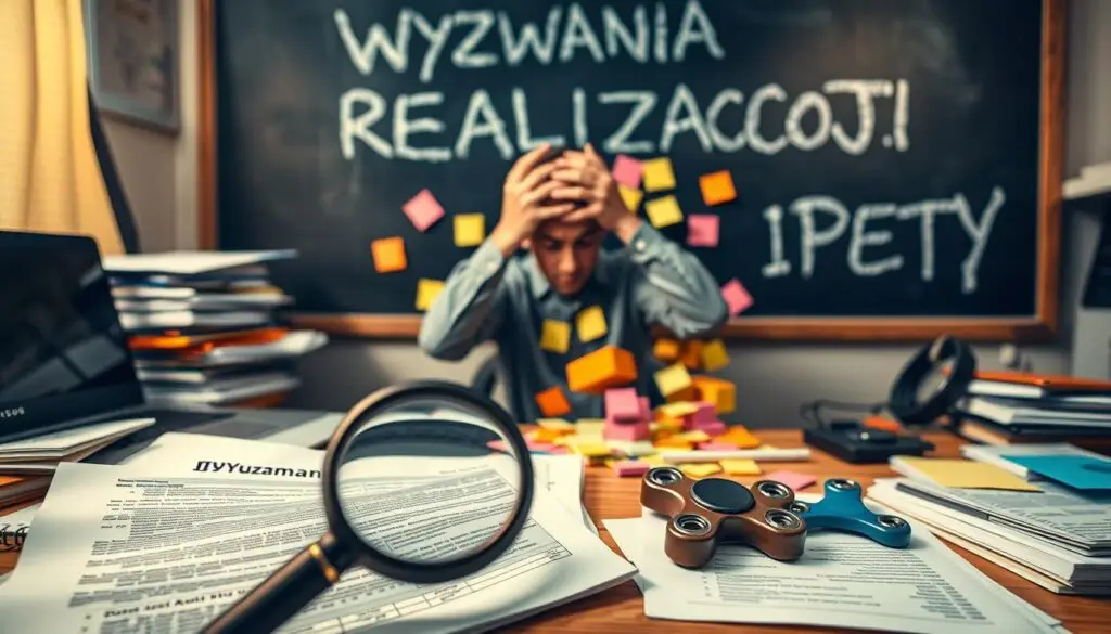 A cluttered office desk with stacks of paper, a laptop, and a fidget spinner, all bathed in a warm, amber-toned lighting. The foreground features a magnifying glass hovering over a complex IPET document, symbolizing the challenges of understanding and implementing the individualized plan. The middle ground shows a frustrated figure, hands on their head, surrounded by a swirl of colored sticky notes, representing the overwhelming task of coordinating various stakeholders. In the background, a chalkboard with the words "WYZWANIA REALIZACJI IPETY" written in chalk, emphasizing the central theme of the scene.