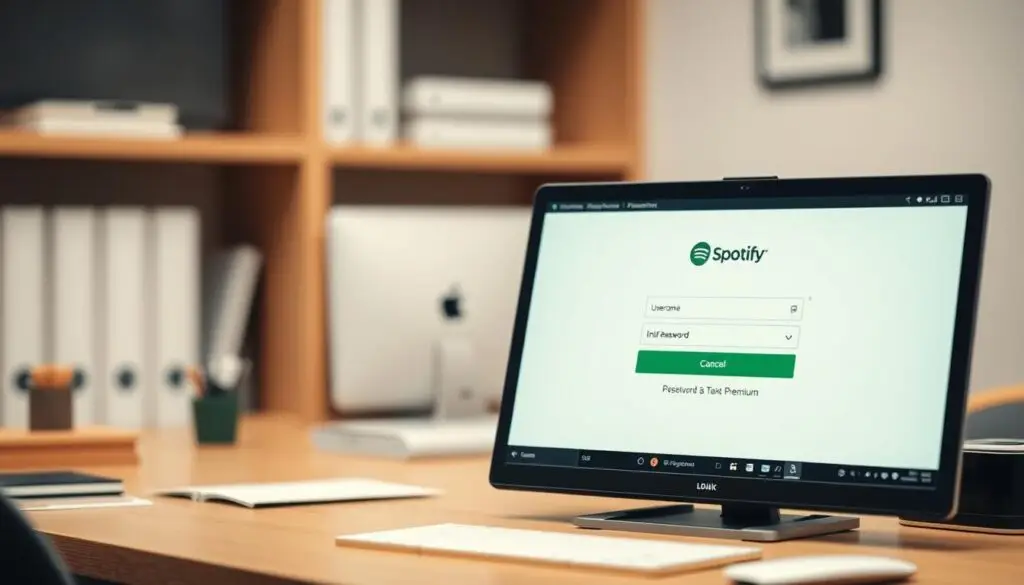 A detailed and realistic desktop scene with a Spotify login screen prominently displayed in the foreground. The screen has a clean, minimalist design with fields for entering a username and password. The background features a tasteful, blurred office environment with a desk, computer, and other office accessories visible. Soft, even lighting creates a calm, professional atmosphere. The camera angle is slightly elevated, giving a slightly top-down perspective on the desk and login screen. The overall mood is one of simplicity and functionality, reflecting the straightforward process of cancelling a Spotify Premium subscription.