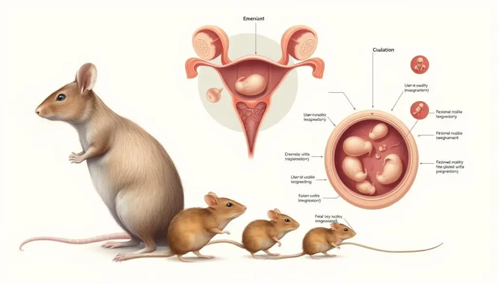 A detailed illustration depicting the reproductive cycle of a mouse. In the foreground, a female mouse in various stages of pregnancy, her body gradually expanding with each stage. In the middle ground, a cutaway view of the uterus, revealing the developing embryos and fetuses. In the background, a schematic representation of the hormonal and physiological processes involved, including ovulation, implantation, and fetal development. The scene is rendered with a naturalistic, scientific style, using a neutral color palette and precise anatomical details to convey the subject matter effectively. Soft, even lighting creates a calm, educational atmosphere.