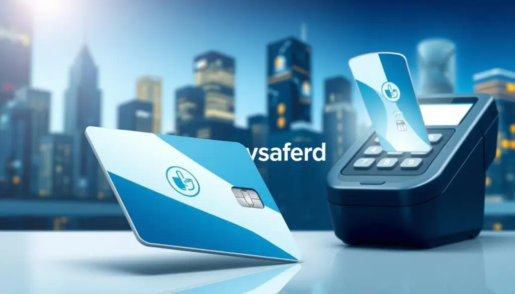 A detailed illustration of a paysafecard prepaid payment card, shown from various angles and in different lighting conditions. The card has a sleek, minimalist design with a distinctive blue and white color scheme. The foreground focuses on the card's surface, highlighting the embossed logo and security features. The middle ground shows the card being inserted into a payment terminal, emphasizing the ease of use. The background depicts a modern, urban setting with skyscrapers and city lights, conveying a sense of financial transactions in a digital world. The overall mood is clean, modern, and informative, reflecting the functionality and convenience of the paysafecard system.