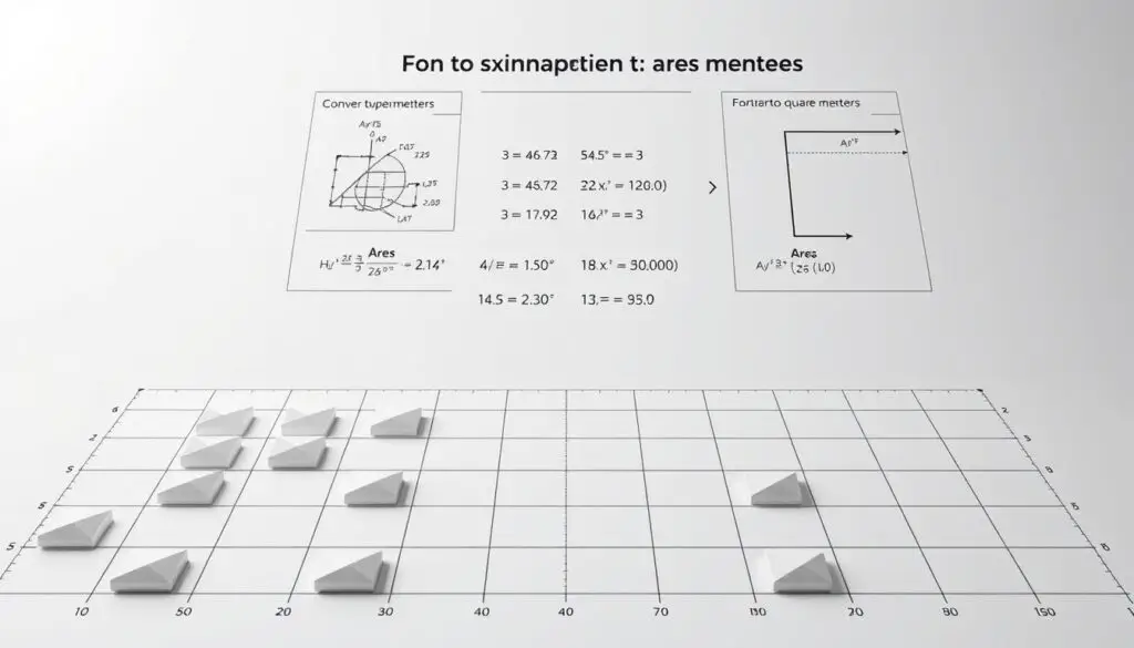 A detailed, meticulously laid out diagram illustrating the fundamental principles of converting areas measured in ares to square meters. The foreground showcases a grid of precise geometric shapes, precisely delineating the relationship between the two units of measurement. The middle ground features informative diagrams and numerical calculations, providing a clear visual aid. The background is a neutral, muted palette, allowing the core subject matter to take center stage. Crisp, high-contrast lighting accentuates the technical precision, with a clean, technical aesthetic throughout. The overall composition strikes a balance between analytical clarity and aesthetic appeal, ensuring the image effectively conveys the essential information.