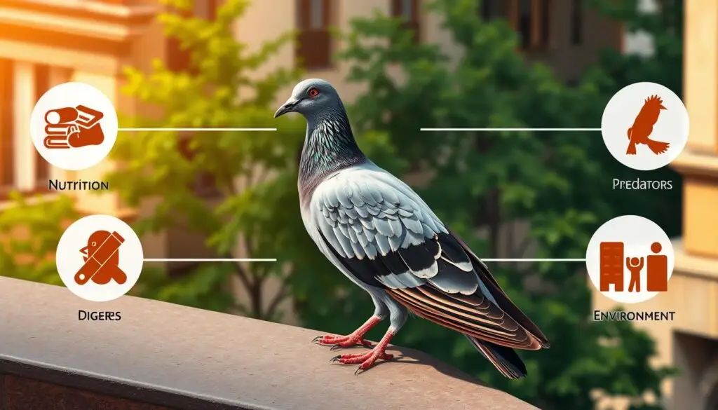 A detailed, realistic illustration of factors influencing the lifespan of pigeons. A pigeon perched on a ledge, surrounded by symbols representing key elements: nutrition, disease, predators, and urban environment. Warm, natural lighting bathes the scene, creating a contemplative mood. The pigeon's feathers are meticulously rendered, while the background blends architectural elements with lush greenery, suggesting the balance between the urban and natural worlds. The composition guides the viewer's eye to the pigeon, highlighting its central role in this examination of longevity.