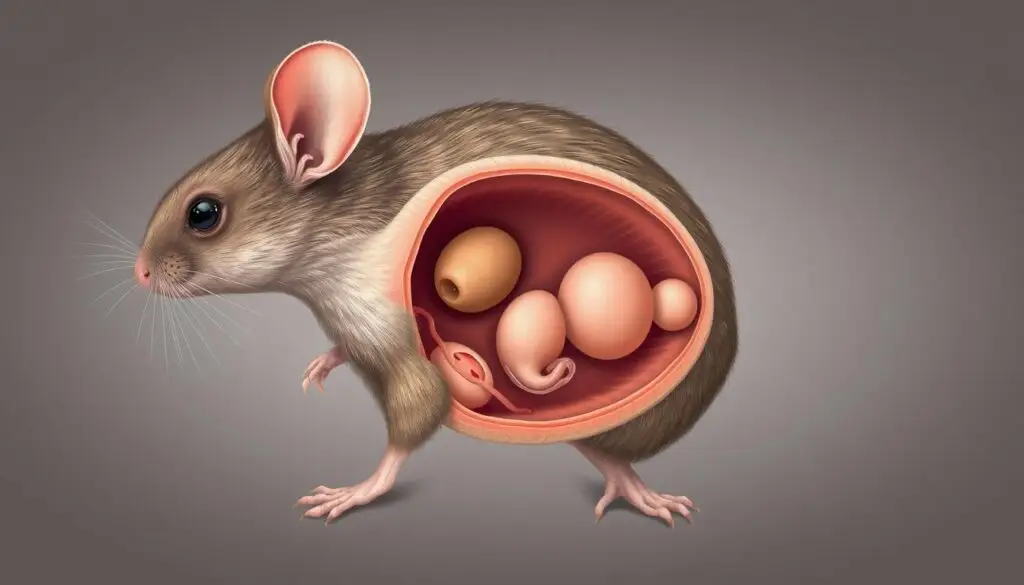 A detailed scientific illustration of a pregnant mouse, showcasing the duration of a typical mouse pregnancy. The scene depicts a cross-section of a mouse's abdomen, revealing the embryo and placental development. The image is rendered in a realistic, clinical style with a neutral color palette, emphasizing the anatomical accuracy. Soft, even lighting illuminates the subject, creating a sense of scientific objectivity. The composition highlights the key stages of the gestational period, providing a visual representation of the duration and progression of a mouse's pregnancy.