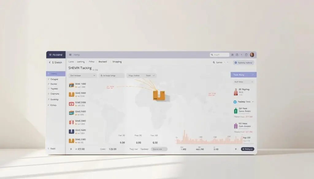 A detailed shipment tracking dashboard showing the journey of a SHEIN package from China to its destination, set against a clean, minimalist background. The foreground features a clean, modern user interface with a map displaying the package's route, delivery status updates, and shipping time estimates. The middle ground showcases the package icon moving along the map, with subtle animations and transitions to convey the package's progress. The background is a soft, muted tone, providing a calming and professional atmosphere. Lighting is natural and diffused, creating a sense of clarity and focus on the main elements. The overall composition and styling reflect the efficient and reliable nature of SHEIN's shipping process.