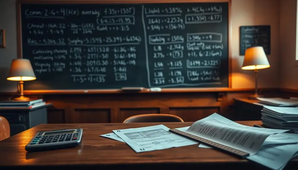 A dimly lit classroom setting, with a chalkboard in the background displaying intricate mathematical calculations. In the foreground, a wooden desk with a calculator, ruler, and scattered papers showcasing the step-by-step process of computing a weighted average. The light sources are a soft, warm glow from desk lamps, creating a contemplative atmosphere. The camera angle is slightly elevated, providing a clear view of the desk and its contents, emphasizing the importance of the weighted average calculation. The overall scene conveys the thoughtful and meticulous nature of this statistical concept.