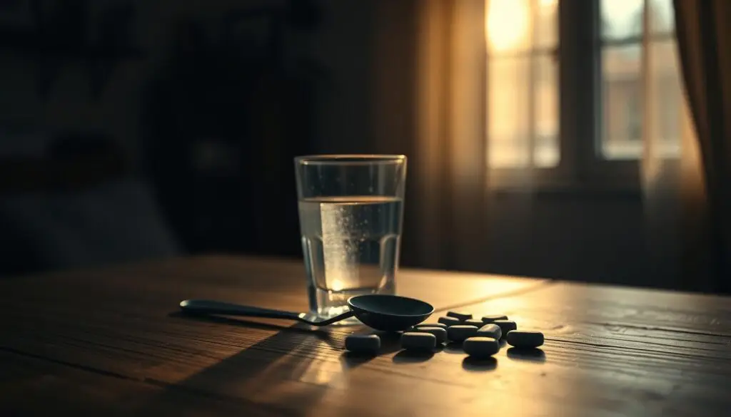A dimly lit room with natural light filtering through a window, casting a warm, soft glow. On a wooden table, an arrangement of common household items - a glass of water, a spoon, and a few small, dark-colored pills. The scene conveys a sense of introspection and the search for natural solutions to a pressing issue. The focus is on the table, with the background blurred and hazy, creating a sense of intimacy and concentration. The lighting is carefully balanced, highlighting the textures and details of the objects, while maintaining a calming and contemplative atmosphere.