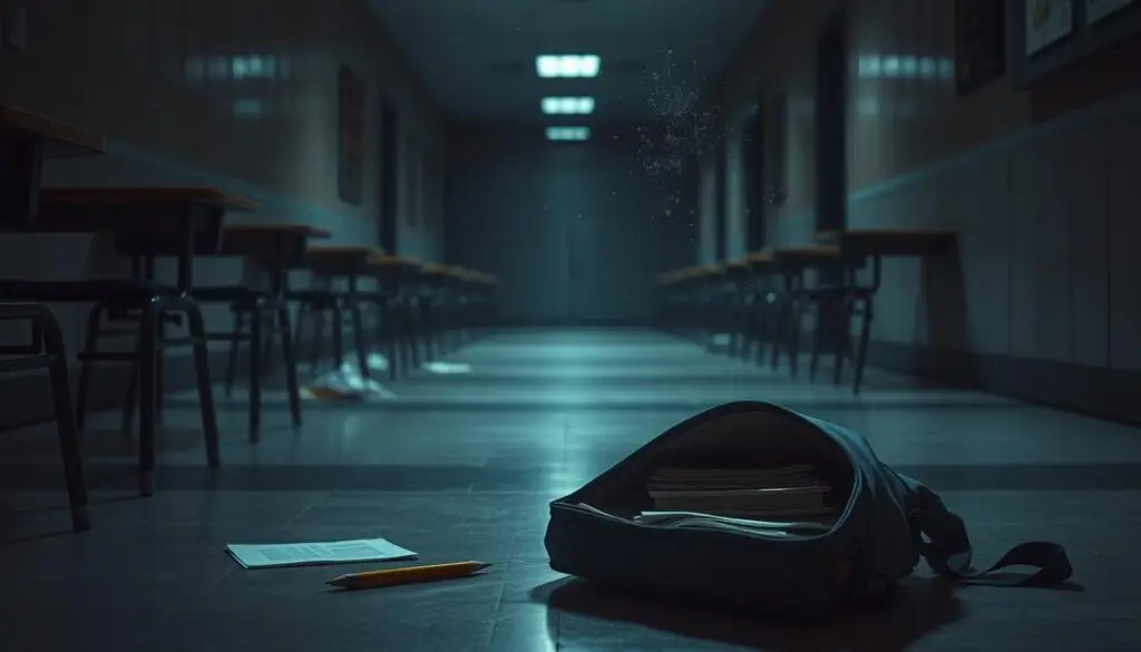 A dimly lit school hallway, desks and chairs haphazardly strewn about, a sense of abandonment and neglect. In the foreground, a student's backpack lies open, its contents spilled across the floor - books, papers, and a solitary pencil. The background is shrouded in shadows, lending an ominous, oppressive atmosphere. Dust motes drift in the muted light, a metaphor for the absence of academic rigor. The scene conveys a melancholic mood, a visual representation of the potential drawbacks of eliminating homework from the educational system.