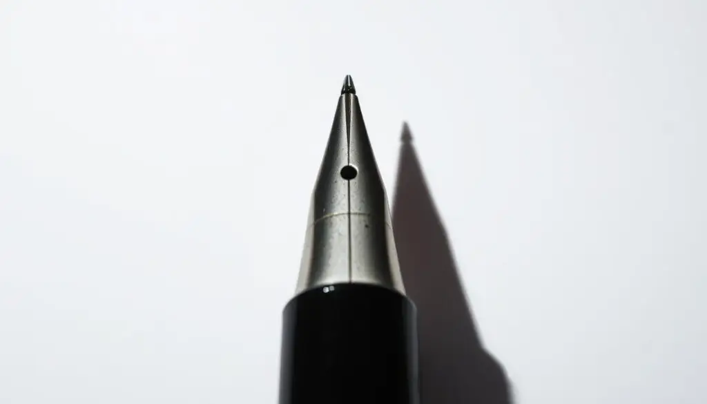 A high-contrast, close-up image of a delicate ballpoint pen nib, its ink-stained metal tip glistening under harsh studio lighting. The nib is positioned prominently in the foreground, casting a distinct shadow against a simple, neutral background. The lighting is dramatic, creating a moody, serious atmosphere that conveys the gravity and complexity of the ink removal challenge. The composition is clean and uncluttered, allowing the viewer to focus solely on the intricate details of the pen nib. The image should evoke a sense of thoughtful contemplation about the nuanced problem of removing ink stains from paper. A high-contrast, close-up image of a delicate ballpoint pen nib, its ink-stained metal tip glistening under harsh studio lighting. The nib is positioned prominently in the foreground, casting a distinct shadow against a simple, neutral background. The lighting is dramatic, creating a moody, serious atmosphere that conveys the gravity and complexity of the ink removal challenge. The composition is clean and uncluttered, allowing the viewer to focus solely on the intricate details of the pen nib. The image should evoke a sense of thoughtful contemplation about the nuanced problem of removing ink stains from paper.