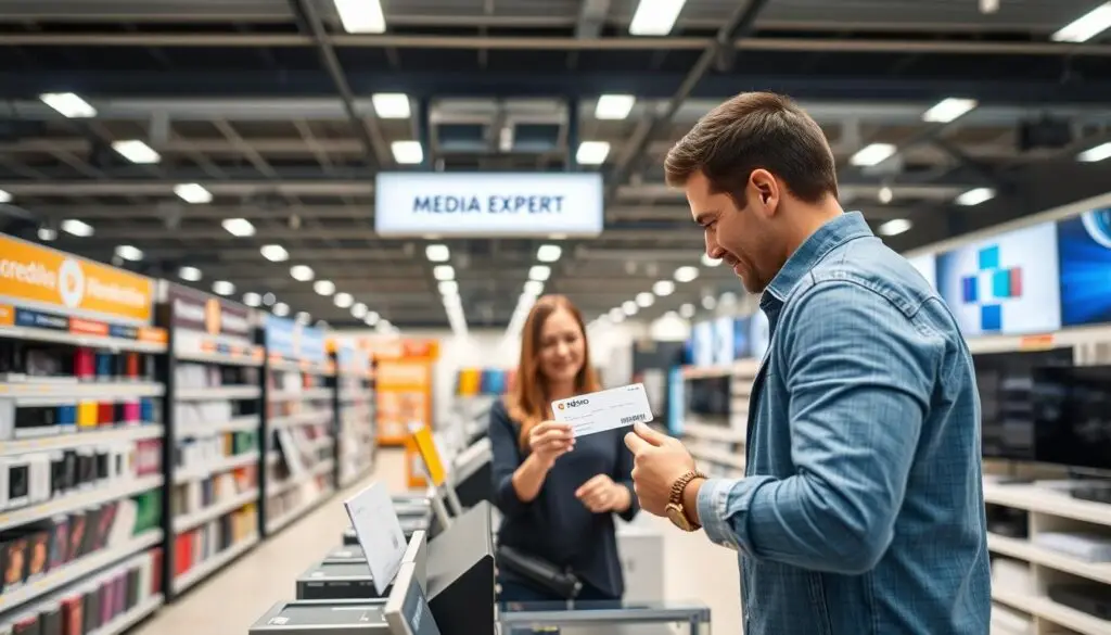 A high-quality photograph of a modern electronics retail store interior, with rows of neatly organized product displays and shelves. In the foreground, a customer is standing at the checkout counter, showing their Sodexo meal voucher to the cashier. The lighting is bright and evenly distributed, creating a clean, professional atmosphere. The overall scene conveys a sense of consumer convenience and seamless payment integration, highlighting the acceptance of Sodexo cards at the Media Expert store.