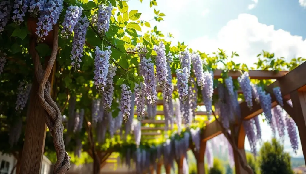 A lush, verdant pergola set against a sun-dappled backdrop, featuring cascading wisteria vines in full bloom. Delicate lavender and indigo blossoms dangle gracefully, their fragrant petals illuminated by warm, diffused light filtering through the latticed structure. The foreground showcases the woody, gnarled stems of the wisteria, anchored securely to the sturdy wooden supports, while the middle ground reveals the plant's leafy foliage, creating a layered, visually captivating scene. In the distance, a hazy blue sky and fluffy white clouds complete the serene, idyllic atmosphere, evoking a sense of tranquility and natural harmony.