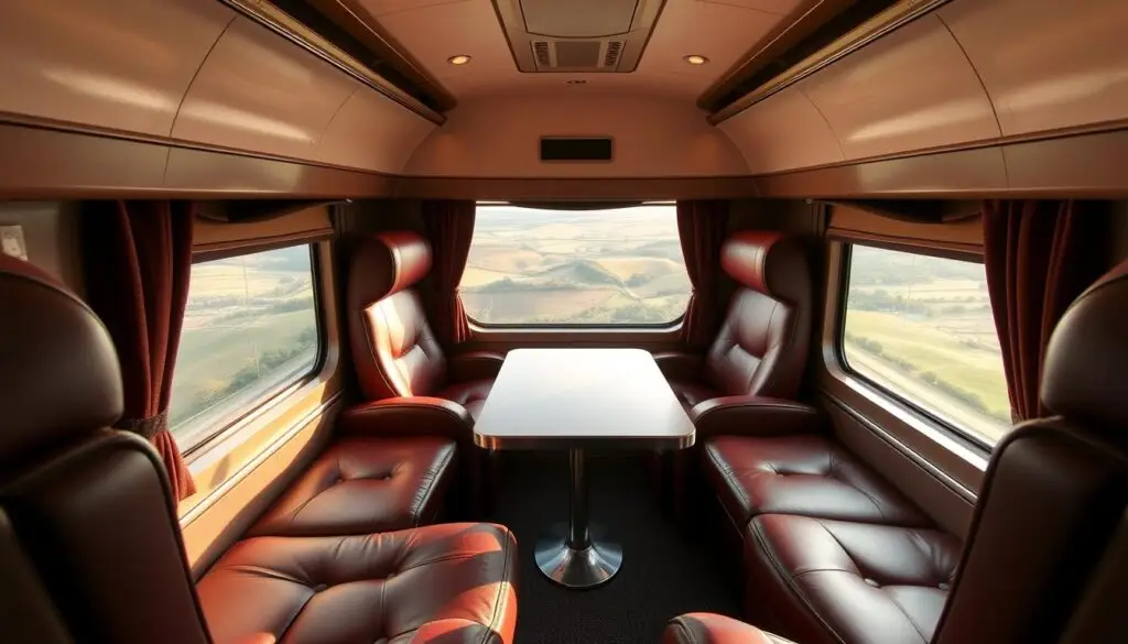 A luxurious first-class train cabin, illuminated by warm, diffused lighting. Plush leather seats in a rich burgundy shade, expertly tailored to provide exceptional comfort and support. A spacious table, polished to a gleam, sits between the seats, ready to accommodate a selection of gourmet refreshments. The cabin's interior is adorned with subtle, elegant details, such as sleek chrome accents and a soft, muted color palette. Through the large, panoramic windows, a picturesque countryside landscape unfolds, with rolling hills and lush greenery, creating a serene and calming atmosphere. A sense of luxurious refinement and unparalleled travel experience pervades the scene.