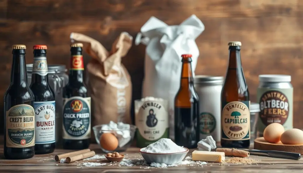 A meticulously arranged still life of beer ingredients for baking a cake. In the foreground, a selection of bottled craft beers, their labels prominently displayed. In the middle ground, a variety of baking essentials - flour, sugar, eggs, butter, and other essential components. The background features a rustic wooden surface, with subtle lighting casting warm shadows, highlighting the textures and colors of the ingredients. The overall composition conveys a sense of craftsmanship, inviting the viewer to imagine the delicious and unique beer-infused dessert that could be created from this carefully curated selection of baking supplies.