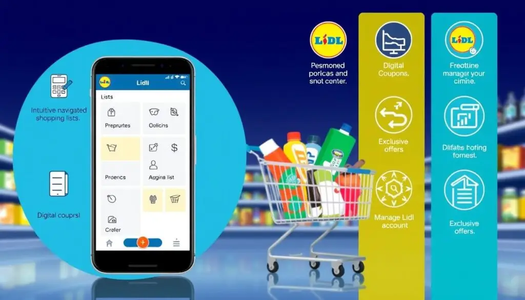 A modern, clean-looking illustration showcasing the key benefits of the Lidl Plus app. In the foreground, feature a smartphone displaying the app's user interface, highlighting intuitive navigation, personalized shopping lists, and access to digital coupons. In the middle ground, depict a shopping cart filled with Lidl products, emphasizing the app's ability to streamline the shopping experience. In the background, include icons or graphics representing the app's additional features, such as reward points, exclusive offers, and the ability to manage your Lidl account. Use a bright, vibrant color palette and crisp, high-resolution imagery to convey the app's user-friendly and valuable nature.