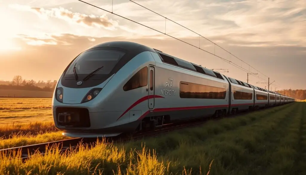 A modern, high-speed train of the PKP Intercity fleet glides smoothly through a serene, countryside landscape. The sleek, aerodynamic design of the train's exterior is highlighted by warm, golden sunlight filtering through wispy clouds. The scene captures the essence of comfortable, efficient long-distance travel, inviting the viewer to imagine themselves on board, gazing out at the passing scenery. The train's distinctive livery, featuring the iconic PKP Intercity logo, stands out against the tranquil backdrop, symbolizing the reliability and quality of Poland's premier rail service. Subtle details, such as the train's headlights and windowed carriages, add to the sense of modern, high-tech transportation. The overall composition and mood convey the excitement and convenience of embarking on an Intercity journey.