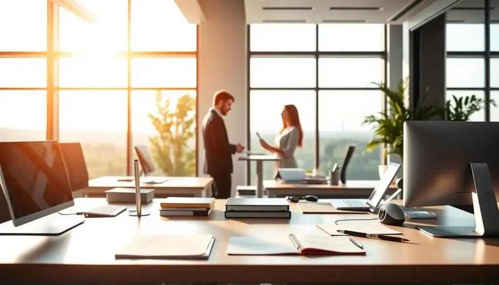 A modern, minimalist office interior with clean lines and warm lighting. In the foreground, a well-organized desk showcases efficient workflow and operational excellence, with sleek devices and neatly arranged documents. The middle ground features a team collaborating intuitively, highlighting the benefits of operational efficiency. In the background, large windows provide a serene, natural landscape, symbolizing the broader advantages for the business and its customers. The overall scene conveys a sense of professionalism, productivity, and the positive impact of optimized operations.