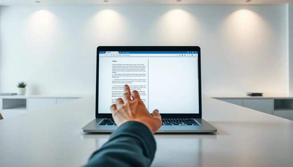 A modern, minimalist office setting with a large, white desk and an open laptop computer displaying a word processing document. In the foreground, a hand hovers over the laptop's keyboard, poised to divide the page into two distinct columns. The background features a clean, uncluttered wall with a subtle, geometric pattern, creating a sense of balance and simplicity. Soft, indirect lighting casts a warm, inviting glow, highlighting the precision and focus required for the task at hand. The overall scene conveys a sense of efficiency, organization, and the seamless integration of technology in the workflow.