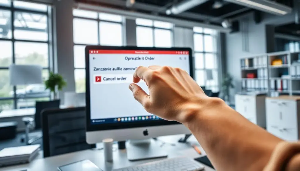 A modern office interior with a desk, computer, and various office supplies. In the foreground, a person's hand is canceling an order on the computer screen, representing the concept of "znaczenie anulowania zamówienia" (the importance of canceling an order). The room is well-lit, with natural light streaming in through large windows in the background. The overall atmosphere is one of productivity and efficiency, conveying the importance of understanding the process of order cancellation in a professional setting.