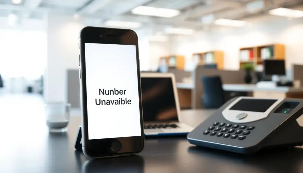 A modern office scene depicting the causes of an unavailable phone number. In the foreground, a smartphone displays an error message "Number Unavailable" against a muted gradient background. In the middle ground, a laptop and desk accessories suggest a busy work environment. In the background, office cubicles and shelves hint at a corporate setting. Bright, diffused lighting casts soft shadows, creating an atmosphere of professionalism and problem-solving. The overall composition conveys the challenges of communication breakdowns in a technology-driven workplace.