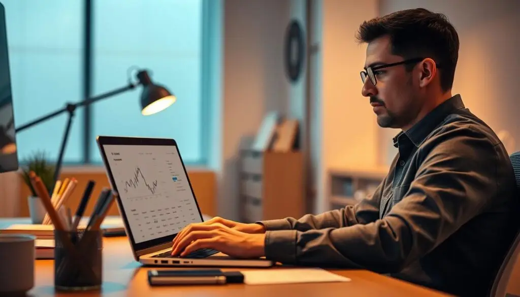 A modern office setting with a person sitting at a desk, intently focused on a laptop screen. Warm, diffused lighting illuminates the scene, creating a contemplative atmosphere. In the foreground, financial charts and graphs are displayed on the laptop, hinting at the subject matter of adjusting banking limits. The middle ground features neatly organized office supplies, suggesting a professional and organized workspace. In the background, a minimalist decor with clean lines and muted colors contributes to the overall sense of efficiency and control. The composition emphasizes the importance of carefully managing financial details, with the person's expression conveying a sense of diligence and responsibility.