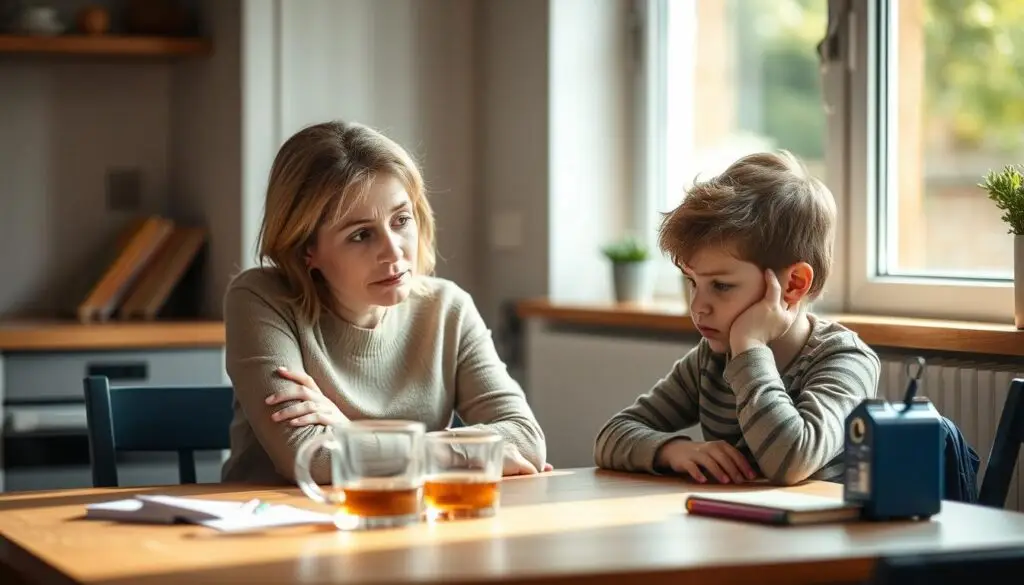 A mother and child sitting at a kitchen table, engaged in a serious conversation. The mother's expression is concerned, while the child appears reluctant and uncomfortable. Soft, natural lighting filters in through a nearby window, casting a warm, contemplative glow on the scene. The table is simple, with a cup of tea or coffee and a few school supplies, hinting at the discussion topic. The background is blurred, allowing the viewer to focus on the interaction between the two figures. The mood is one of understanding and empathy, as the mother tries to gently encourage the child to open up about their hesitation to attend school.
