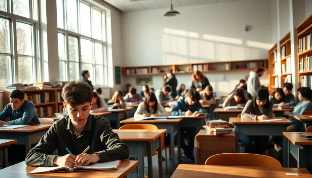 A peaceful classroom setting, with students immersed in their studies. Soft, natural lighting filters through large windows, casting a warm glow on the desks and bookshelves. In the foreground, a student diligently takes notes, their expression focused and contemplative. In the middle ground, small groups of students collaborate, exchanging ideas and discussing concepts. The background reveals a rhythmic pattern of activity, with students moving between lessons, consulting references, and working intently at their tasks. The atmosphere is one of productive focus, a harmonious flow of learning and discovery.