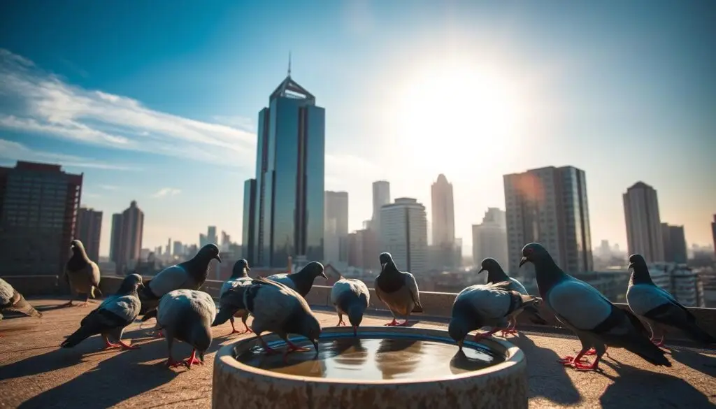 A peaceful scene of a flock of pigeons perched on a city rooftop, bathed in warm afternoon sunlight. The birds preen their feathers, taking turns drinking from a shallow birdbath. In the background, a cluster of towering skyscrapers stand against a vibrant azure sky, casting long shadows across the urban landscape. The camera angle is slightly elevated, capturing the birds' tranquil existence amidst the bustling city. An intimate, slice-of-life moment that conveys the average lifespan of these ubiquitous urban dwellers.