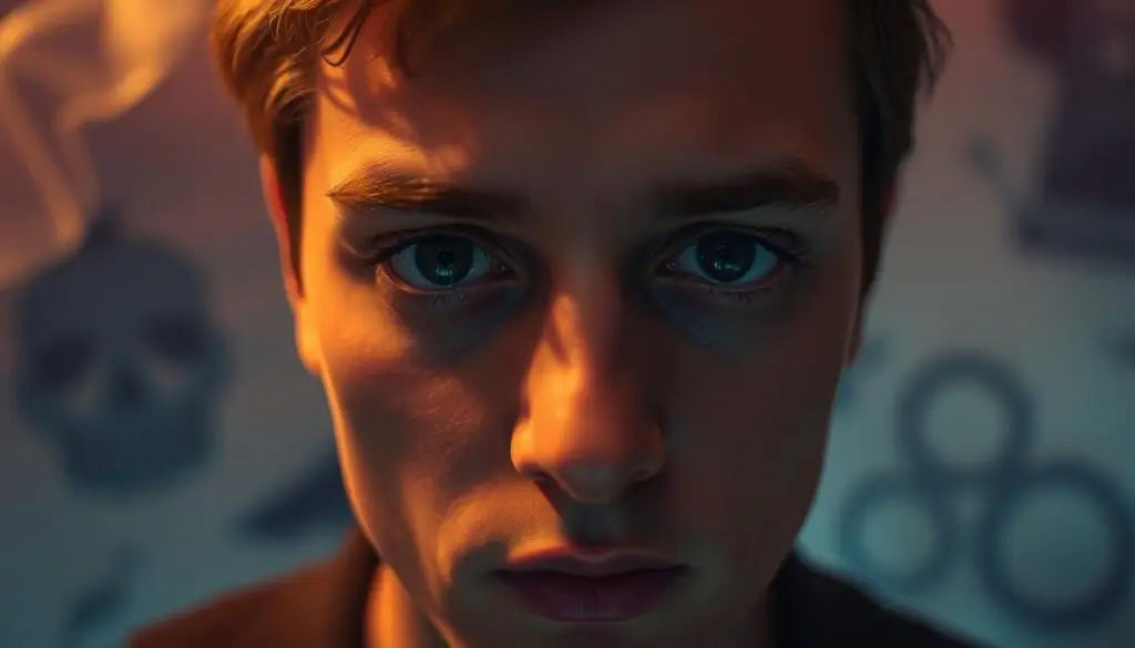 A person's face, pupils dilated, eyes glazed over, conveying the disoriented and altered state of consciousness from substance use. In the background, a hazy, dreamlike environment with blurred shapes and muted colors, evoking the dissociative and psychedelic effects. Soft, warm lighting casts a gentle glow, creating an introspective, almost ethereal atmosphere. The composition should be balanced, with the face in focus and the background subtly supporting the central subject. Utilize a medium-wide camera angle to capture the subject's expression and the surrounding space, conveying the intimate yet unsettling experience of substance intoxication.