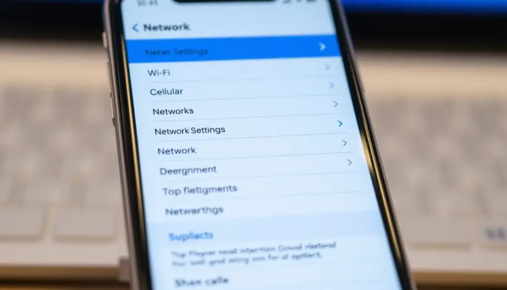 A professional-looking smartphone display, showing the network settings menu. The screen is well-lit, with a clean and intuitive interface. The background is blurred, keeping the focus on the phone interface. The layout is organized, with clear sections for cellular, Wi-Fi, and other network-related options. The overall tone is informative and practical, reflecting the need to troubleshoot network connectivity issues. The image should convey a sense of clarity and attention to detail, supporting the article's subject matter.