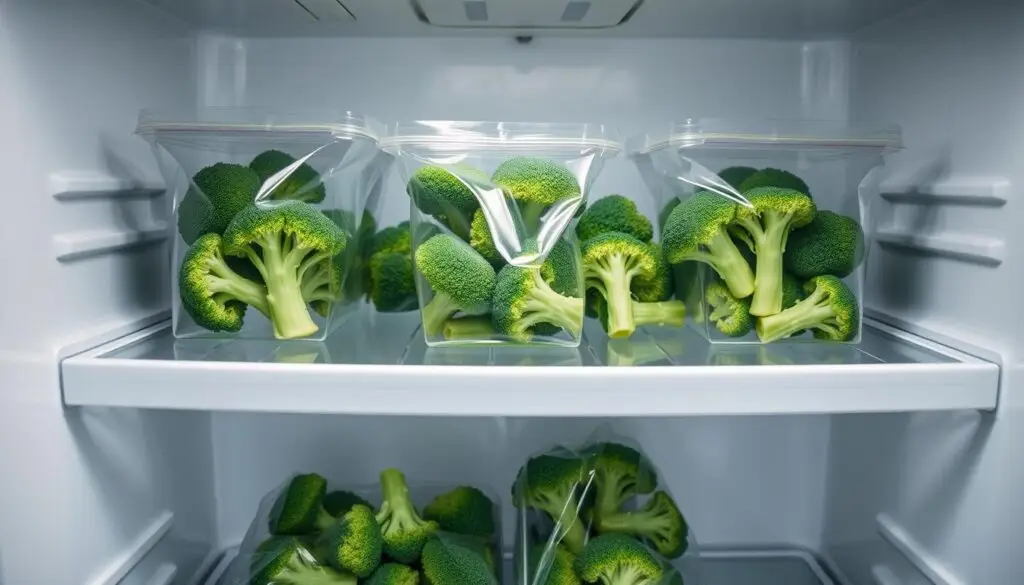 A refrigerator interior with neatly arranged broccoli florets in clear food containers or plastic bags, showcasing the proper storage method to preserve freshness. Soft lighting illuminates the vibrant green hues of the broccoli against the clean, minimalist backdrop of the fridge shelves. The composition emphasizes organization and attention to detail, conveying the importance of storing broccoli correctly to prevent spoilage. The overall mood is one of informative simplicity, guiding the viewer on the best practices for keeping broccoli fresh and ready for consumption.