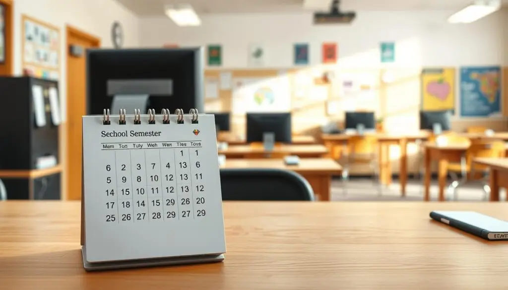 A school calendar showing the duration of the academic semester, rendered in a realistic, detailed style. The foreground depicts a desktop calendar with clean lines and a simple, elegant design, displaying the weeks and months of the semester. The middle ground showcases a wooden desk surface, with a desktop computer and office supplies, creating a professional, educational atmosphere. The background features a warm, softly lit classroom setting, with desks, chairs, and educational posters on the walls, conveying a sense of academia and learning. The lighting is natural and diffuse, creating a cozy, inviting ambiance. The overall composition aims to visually communicate the topic of the academic semester's length in a visually compelling and informative manner.
