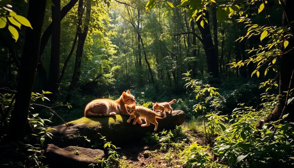 A secluded forest glade, bathed in warm, golden sunlight filtering through the canopy. Dense, lush vegetation surrounds a small clearing, providing ample cover for a family of wild cats. A mother cat lounges on a moss-covered log, her kittens playfully pouncing and chasing each other in the dappled shade. Their keen eyes scan the environment, alert to any potential threats or prey. The scene exudes a sense of peaceful tranquility, offering a glimpse into the natural habitats where these elusive felines make their home.