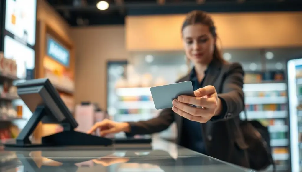 A secure transaction in a retail store, showcasing a customer making a payment at the counter. The foreground depicts a well-lit checkout area with a modern, sleek design, featuring a point-of-sale terminal and a cashier. The middle ground highlights the customer's hand securely holding a payment card, with a focused expression on their face. The background subtly blurs, emphasizing the transaction's privacy and the store's professional atmosphere. The lighting is warm and inviting, creating a sense of trust and safety. The image should convey the reliability and confidentiality of the payment process, reflecting the "Bezpieczeństwo i realizacja transakcji" section of the article.